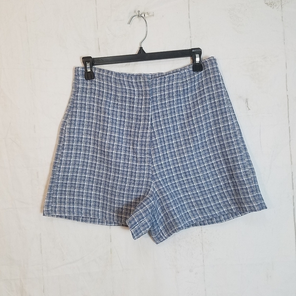 Shein blue white plaid high waisted shorts